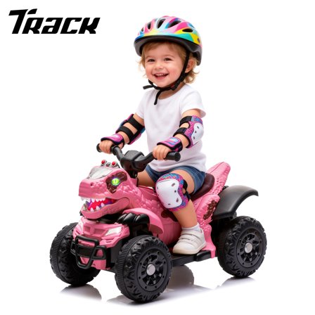 Track Seven 12V Electric Ride-On ATV, Dinosaur Four Wheeler Electric Car with Bluetooth, LED Lights, Music, Electric Quad Ride-On Toy Car for Toddlers Boys Girls Age 2 , Rose Pink