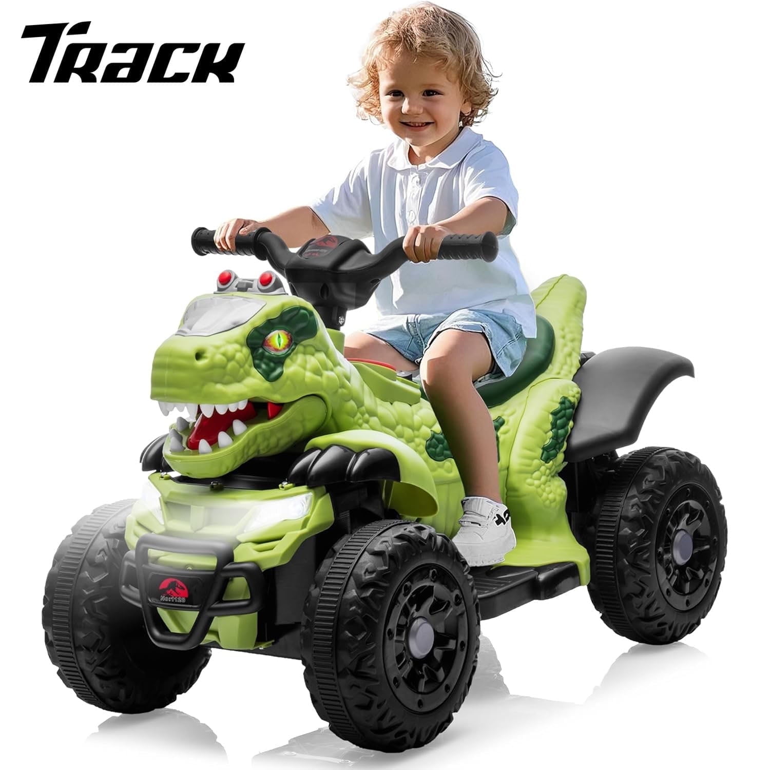 Track Seven 12V Ride-On ATV, Dinosaur Shape Electric Car, 2WD, Music, Bluetooth & Microphone, Power Display, Indoor& Outdoor Ride-On Toy Car for Boys Girls Age 2-5, Green