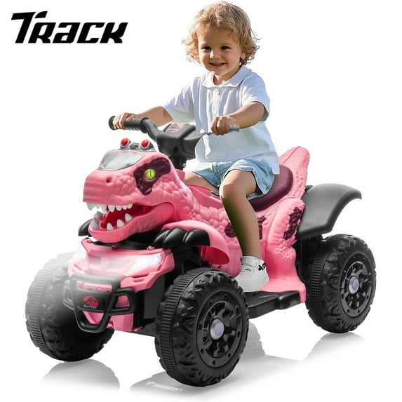 Track Seven 12V Ride-On ATV, Dinosaur Shape Electric Car, 2WD, Music, Bluetooth & Microphone, Power Display, Indoor& Outdoor Ride-On Toy Car for Boys Girls Age 2+, Rose Pink