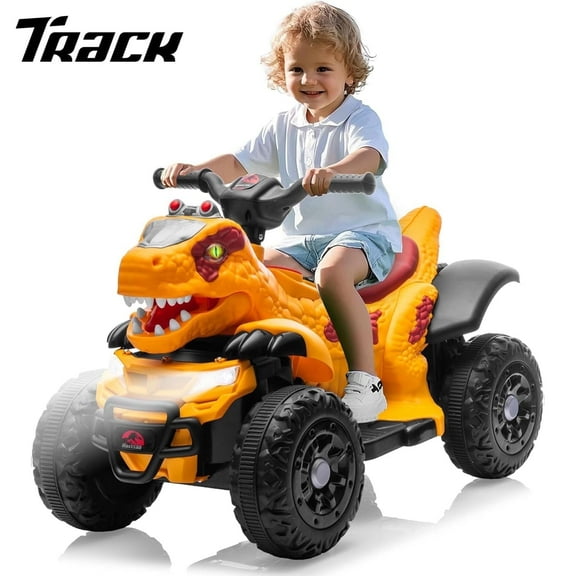 Track Seven 12V Ride-On ATV, Dinosaur Shape Electric Car, 2WD, Music, Bluetooth & Microphone, Power Display, Indoor& Outdoor Ride-On Toy Car for Boys Girls Age 2+, Yellow