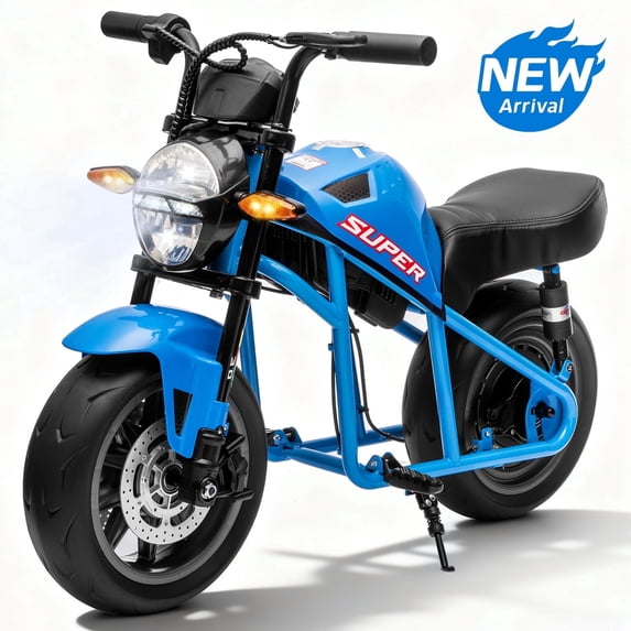 Track Seven 24V Electric Motorcycle for Kids, 300W Electric Dirt Bike Up to 11 MPH, Twist-Grip Throttle, Rear Brake, 14-Inch EVA Tires, Music, Light, Electric Bike for Kids Aged 6+, Blue