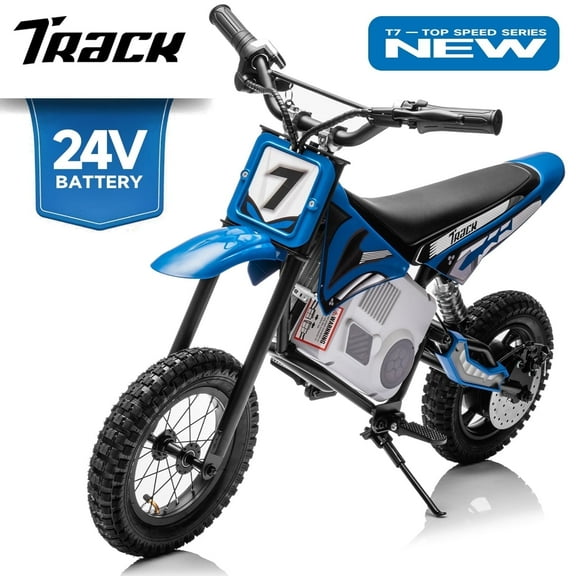 Track Seven 24V Electric Dirt Bike, 250W Ride on Motorcycle with Twist Grip Throttle, Hand-Operated Dual Brakes, Speed Up to 10 MPH, for Age 8-12, Blue