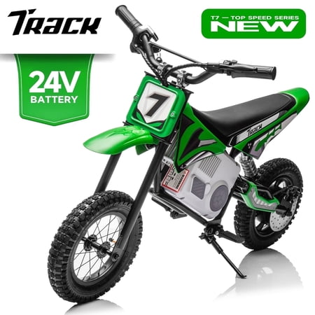 Track Seven 24V Electric Dirt Bike, 250W Ride on Motorcycle with Twist Grip Throttle, Hand-Operated Dual Brakes, Speed Up to 10 MPH, for Age 8-12, Green