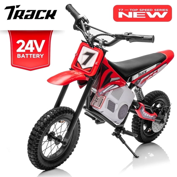 Track Seven 24V Electric Dirt Bike, 250W Ride on Motorcycle with Twist Grip Throttle, Hand-Operated Dual Brakes, Speed Up to 10 MPH, for Age 8-12, Red