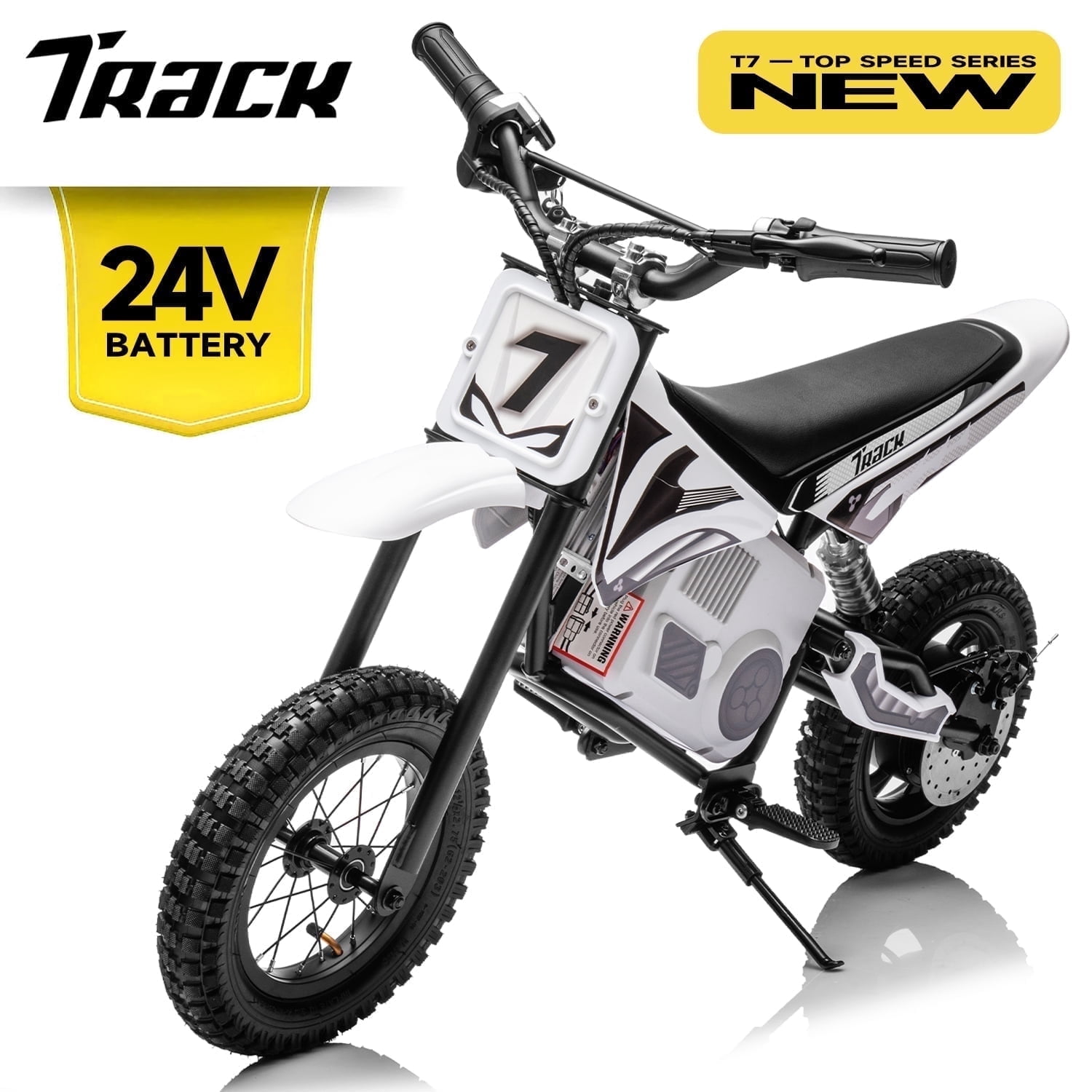 Track Seven 24V Electric Dirt Bike, 250W Ride on Motorcycle with Twist Grip Throttle, Hand-Operated Dual Brakes, Speed Up to 10 MPH, for Age 8-12, White