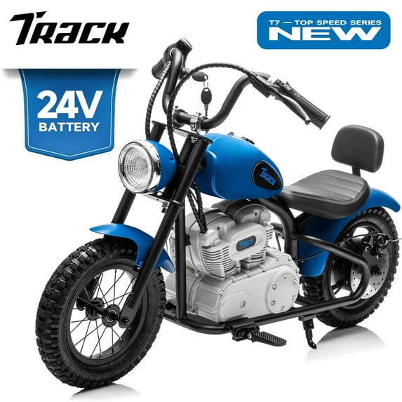 Track 7 24V Electric Dirt Bike for kids, 250W Ride on Motorcycle with Twist Grip Throttle, Hand-Operated Brakes, Key Start, Off-Road Motocross Speed Up to 10 MPH, Age 8+, Blue