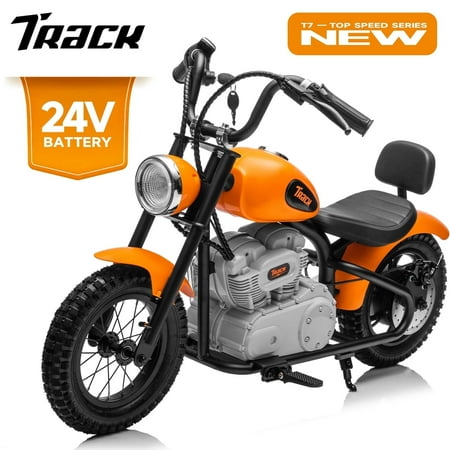 Track 7 24V Electric Dirt Bike for kids, 250W Ride on Motorcycle with Twist Grip Throttle, Hand-Operated Brakes, Key Start, Off-Road Motocross Speed Up to 10 MPH, Age 8+, Orange