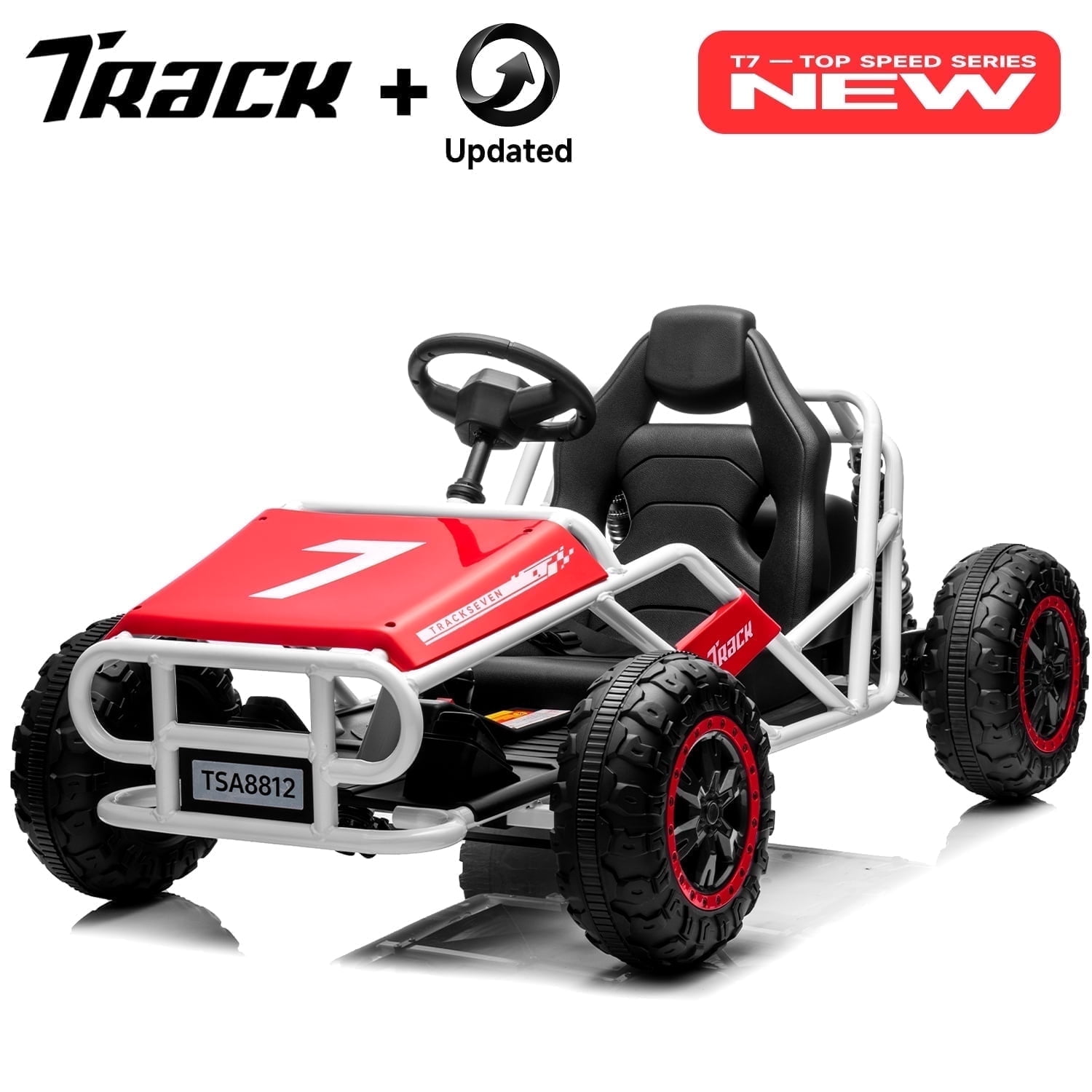 Track 7 24V Electric Go Kart, Racing Go Kart, Independent Electronic Brake Foot Pedal, Durable Full Steel Frame, 4 Mph Max Speed Electric Go Kart, 24V Outdoor Ride On Car for Kids Age 6+, Red