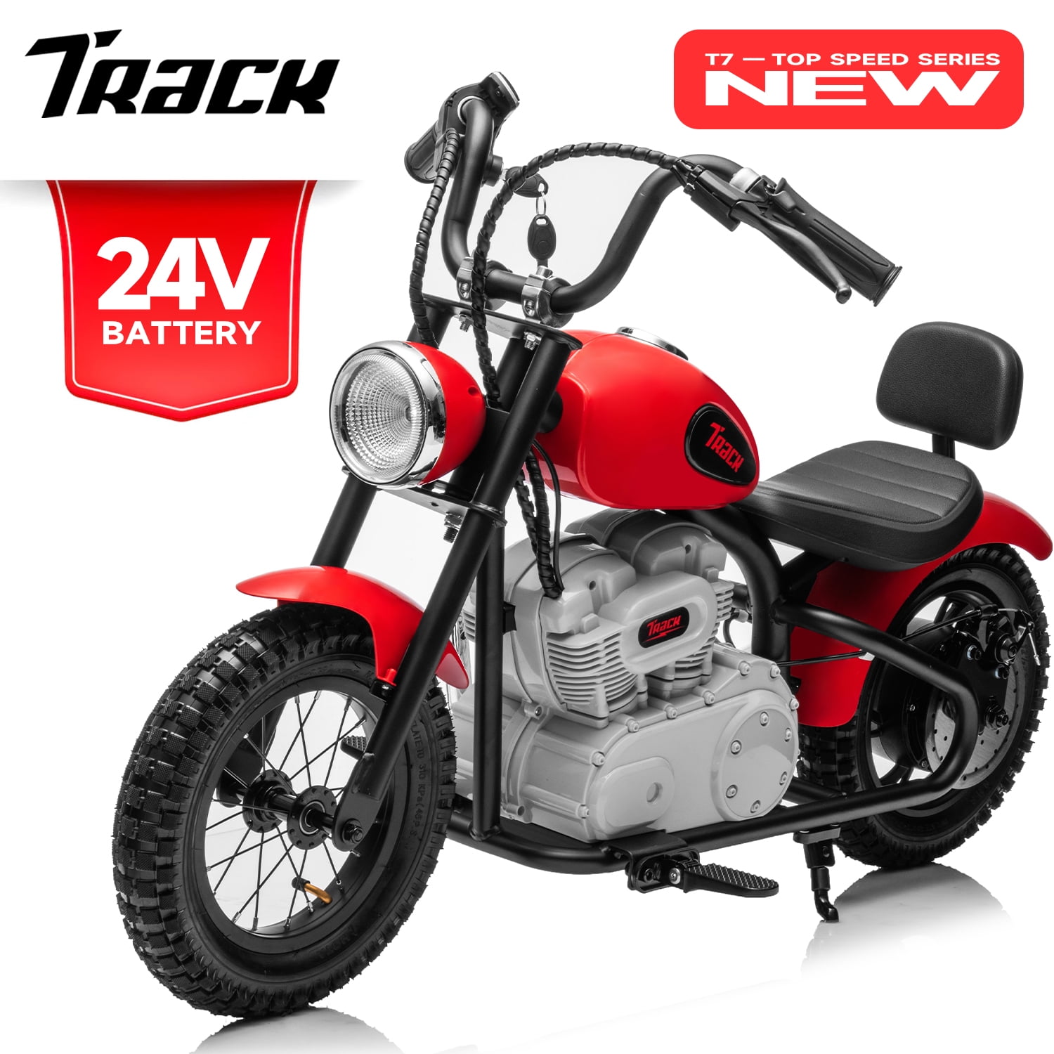 Track 7 24V 250W Electric Dirt Bike with Twist Grip Throttle, Hand-Operated Brakes, Key Start Power Switch
