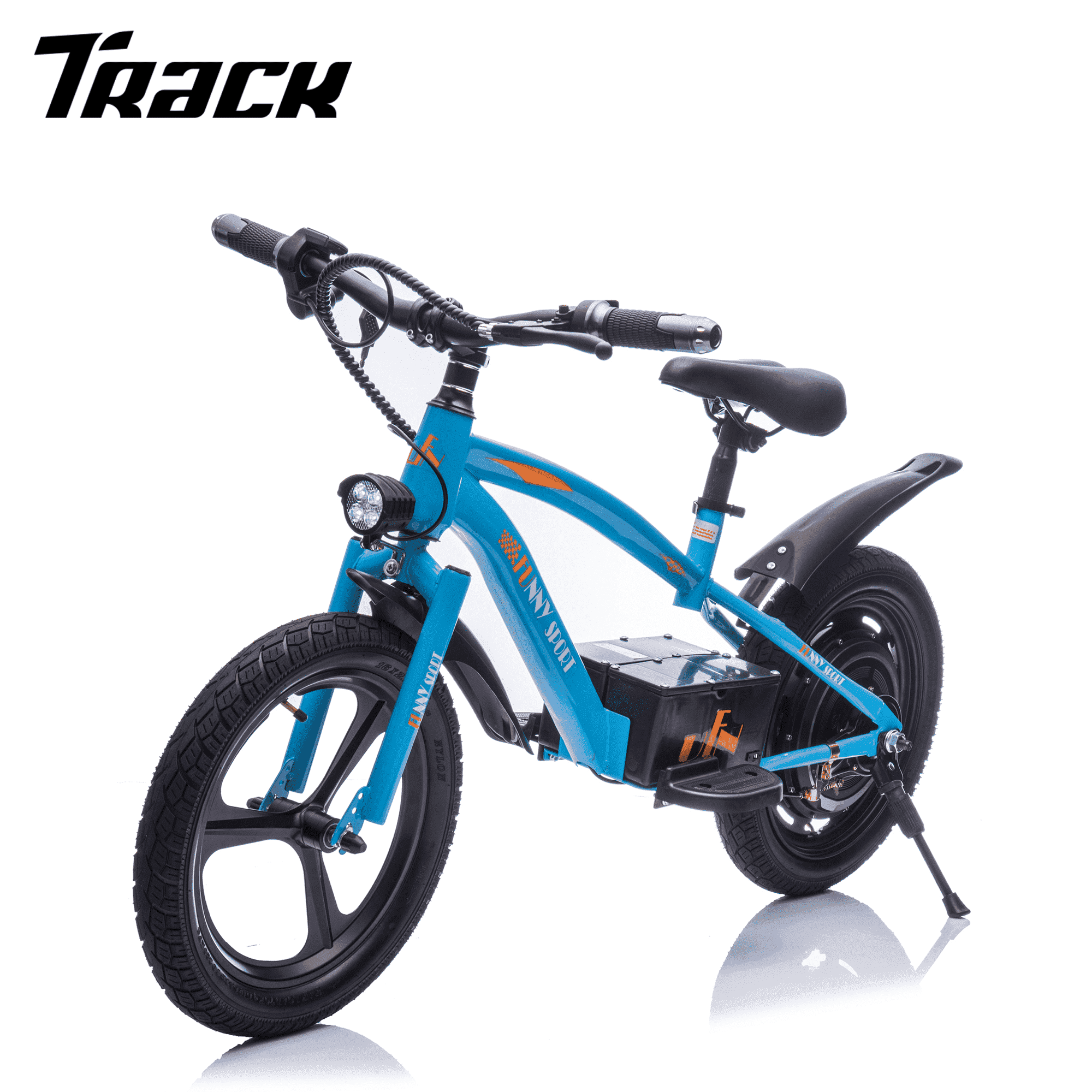 Track Seven 24V Kids Electric Dirt Bike, Ride on Mini Bike, 300W Super Power Motor, Up to 12.43 MPH, 16" Wheels, Adjustable Seat Height, Bright Headlight, Hand-Operated Brakes for Ages 5+, Blue