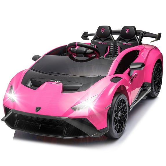 Track Seven 24V Kids Ride on Car, Licensed Lamborghini STO Electric Car with Remote Control, Ride on Drift Car with Foam Front Wheels, Music, 360° Spin, Max Speed 6mph, Ages 3+, Pink