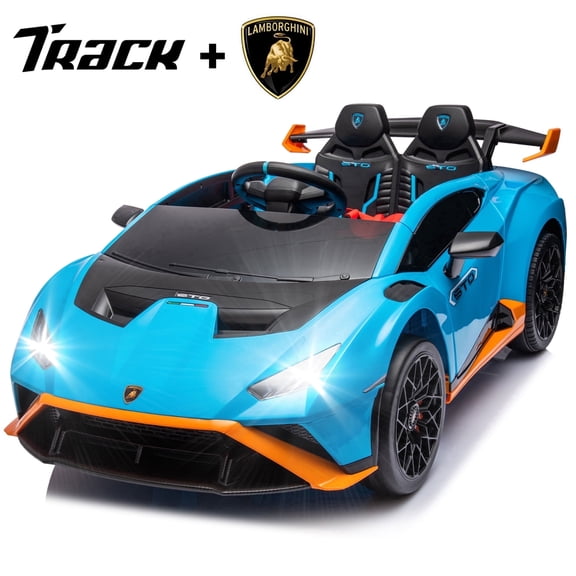 Track Seven 24V Kids Ride on Car, Licensed Lamborghini STO Electric Car with Remote Control, Ride on Drift Car with Foam Front Wheels, Music, 360° Spin, Max Speed 6mph, Ages 3+, Blue