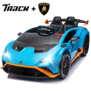 Track Seven 24V Kids Ride on Car, Licensed Lamborghini STO Electric Car with Remote Control, Ride on Drift Car with Foam Front Wheels, Music, 360  Spin, Max Speed 6mph, Ages 3+, Blue