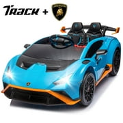 Track Seven 24V Kids Ride on Car, Licensed Lamborghini STO Electric Car with Remote Control, Ride on Drift Car with Foam Front Wheels, Music, 360° Spin, Max Speed 6mph, Ages 3+, Blue