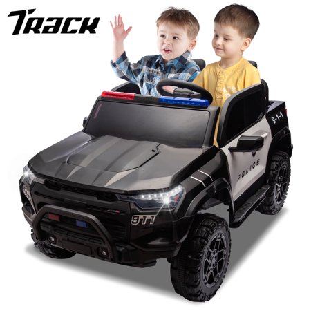 Track 7 24V Ride on Car, 2-Seater Kids Ride on Pickup Police Car with Remote Control, Bluetooth, 4 x 200W Motor Electric Car, 3 speeds, LED Lights, Spring Suspension, Black