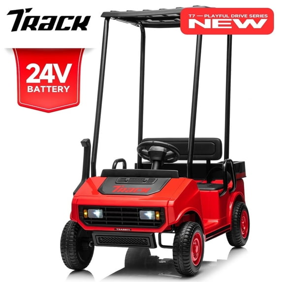 Track Seven 24V Ride on Car, Electric Golf Cart with Ceiling, Ride on Truck with Remote Control, Music, Rear Storage Box, Electric Car for Boys Girls Age 3+, 18.5" Large Seat with Armrests, Red