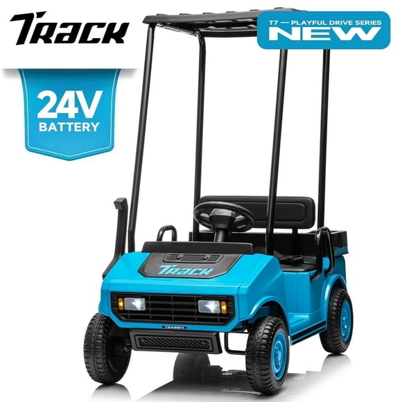 Track Seven 24V Ride on Car, Electric Golf Cart with Ceiling, Ride on Truck with Remote Control, Music, Rear Storage Box, Electric Car for Boys Girls Age 3+, 18.5" Large Seat with Armrests, Blue