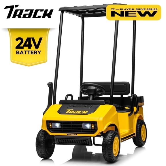 Track Seven 24V Ride on Car, Electric Golf Cart with Ceiling, Ride on Truck with Remote Control, Music, Rear Storage Box, Electric Car for Boys Girls Age 3+, 18.5" Large Seat with Armrests, Yellow