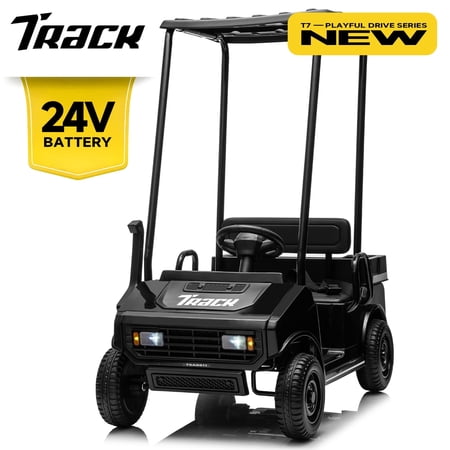 Track Seven 24V Ride on Car, Electric Golf Cart with Ceiling, Ride on Truck with Remote Control, Music, Rear Storage Box, Electric Car for Boys Girls Age 3+, 18.5" Large Seat with Armrests, Black