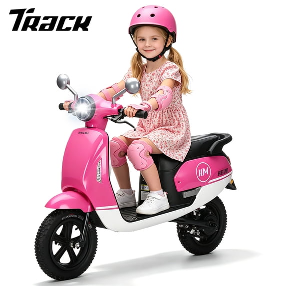 Track Seven 24V Kids Electric Motorcycle, 250W Brushless Motor Ride-on Scooter Moped for Boys Girls Ages 8+, 12" Pneumatic Tires, Bluetooth, Max 10 Mph, Bonus Storage Cover, Rose Red