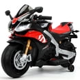 thumbnail image 1 of Track Seven 24V Ride on Motorcycle, Licensed Aprilia RSV4 Electric Motorcycle with Training Wheels, LED Lights, Music, Large Seat, Max 5 Mph, 24V Ride on Toy Car for Boys Girls Aged 3+, Black, 1 of 11