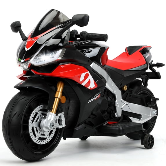 Track Seven 24V Ride on Motorcycle, Licensed Aprilia RSV4 Electric Motorcycle with Training Wheels, LED Lights, Music, Large Seat, Max 5 Mph, 24V Ride on Toy Car for Boys Girls Aged 3+, Black