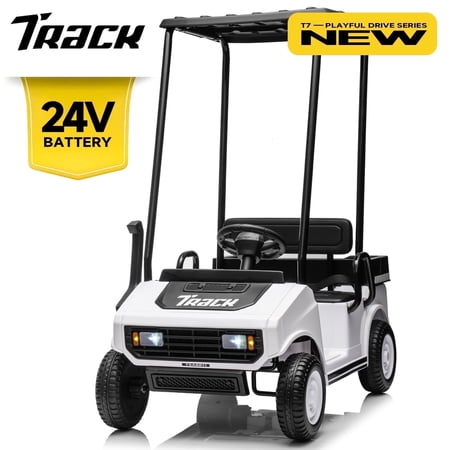 Track Seven 24V Ride on Car, Electric Golf Cart with Ceiling, Ride on Truck with Remote Control, Music, Rear Storage Box, Electric Car for Boys Girls Age 3+, 18.5" Large Seat with Armrests, White