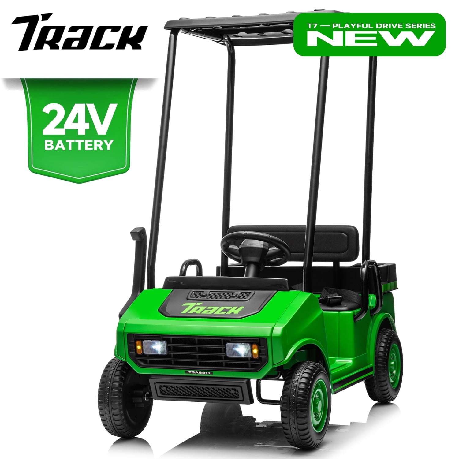 Track 7 24V Ride on Car, Electric Golf Cart with Ceiling, Ride on Truck with Remote Control, Music, Rear Storage Box, Electric Car for Boys Girls Age 3+, 18.5" Large Seat with Armrests, Green