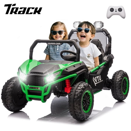 Track 7 24V Ride on Car for Kids, 2 Seater Ride on UTV with Remote Control, 20" Seat Width, 400W Electric Car, LED Lights, Rear Searchlight, Bluetooth, Rear Storage, 5 mph High Speed, Green