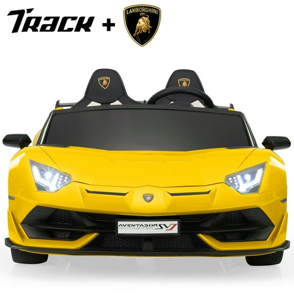 Track 7 24V Ride on Car, Licensed Lamborghini Drifting Car, 2-Seater Electric Car with Remote Control, MP3, LED Lights, PU Seat, Portable Handle, Yellow