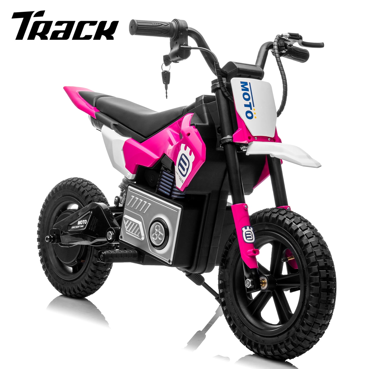 Track 7 24V Ride on Motorcycle, 200W Motocross Electric Dirt Bike with Hand Operated Brakes, Adjustable Speed, LED Lamp, Music, Max Speed 10mph, Electric Motorcycle for Kids Age 5+, Pink