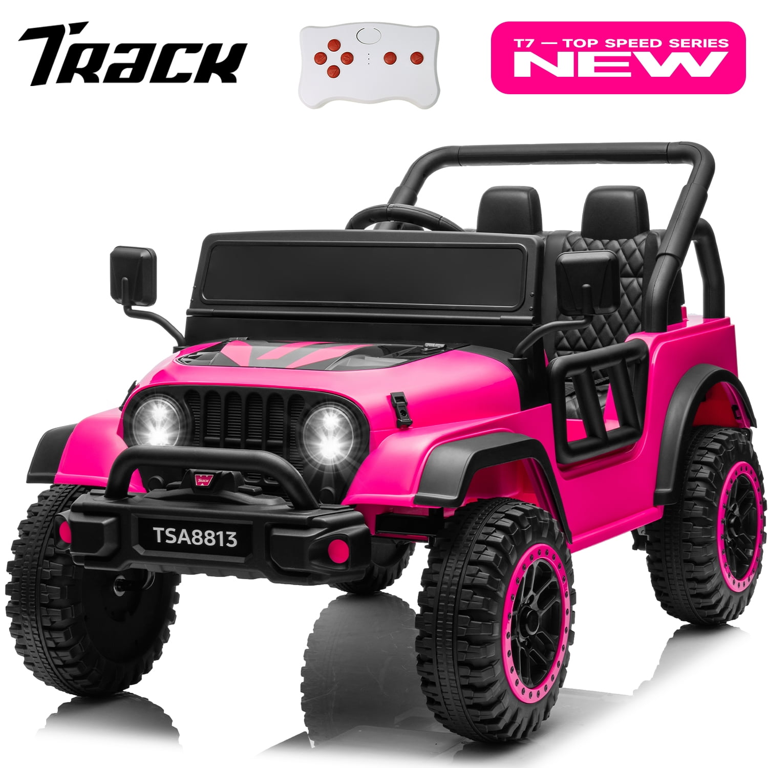 Track Seven 24V Ride on Truck, Electric Car for Boys Girls, Ride on Car with Remote Control, Music, Bluetooth, Lights, Spring Suspension, Max Speed 5 mph, Pink