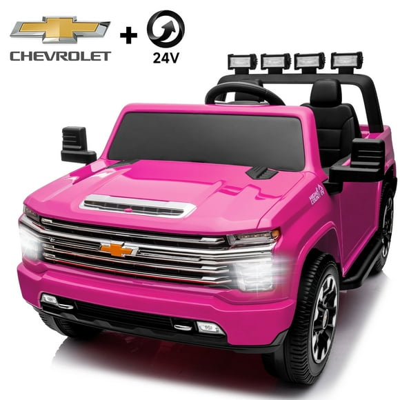 Track 7 24V Ride on Car, Licensed Silverado HD 2 Seater Electric Car for Boys Girls Age 3+, 24V Ride on Truck w/Remote Control, Music, ABC, Pink