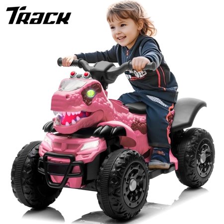 Track Seven 12V Electric Ride-On ATV, Dinosaur Four Wheeler Electric Car with Bluetooth & Microphone, LED Lights, Music, Electric Quad Ride-On Toy Car for Toddlers Boys Girls Age 2+, Pink