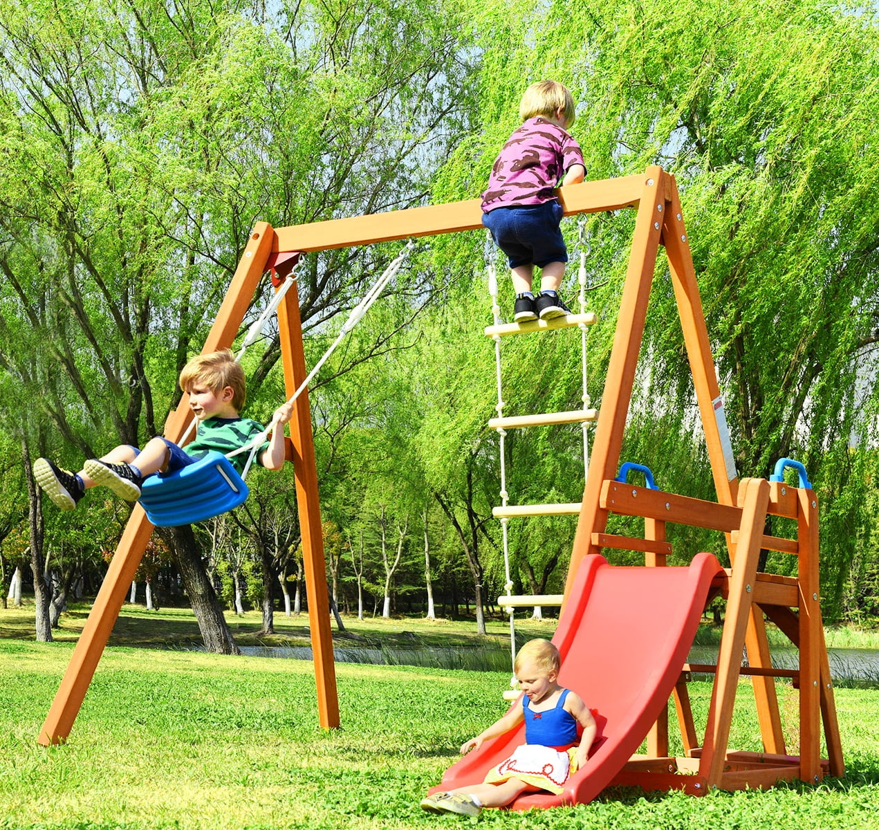 Track 7 Wooden Swing Set,4 in 1 Outdoor Swing Set with Slide,Climbing