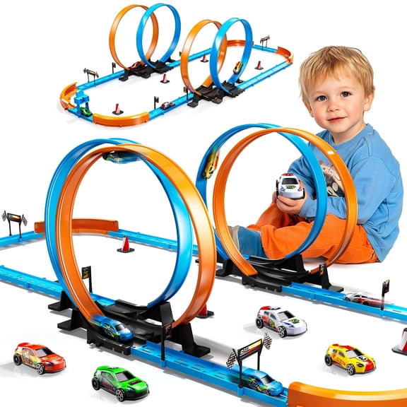 Race Track Set for Boys - Toy Car Race Track with 4 Crash Zones, 1:64 Scale High-Speed Slot Cars, Flexible Loop Tracks, Christmas Halloween Birthday Gifts for Toddlers Kids Age 3-12