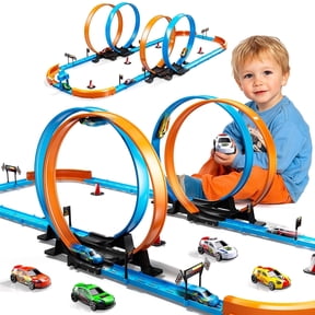 Race Track Set for Boys - Toy Car Track with 4 Crash Zones, 1:64 High-Speed Slot Cars, Flexible Loop Tracks, Christmas Birthday Gifts for Kids 3-12