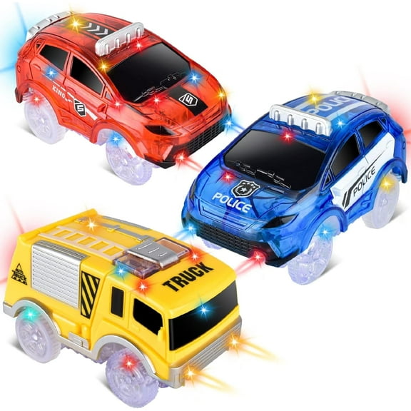 Track Cars Only Replacement Light Up Toy Cars with 5 Flashing LED Lights for Magic Tracks Glow in The Dark, Flex Race Car Track Accessories Compatible with Most Car Tracks for Kids (3 Pack)
