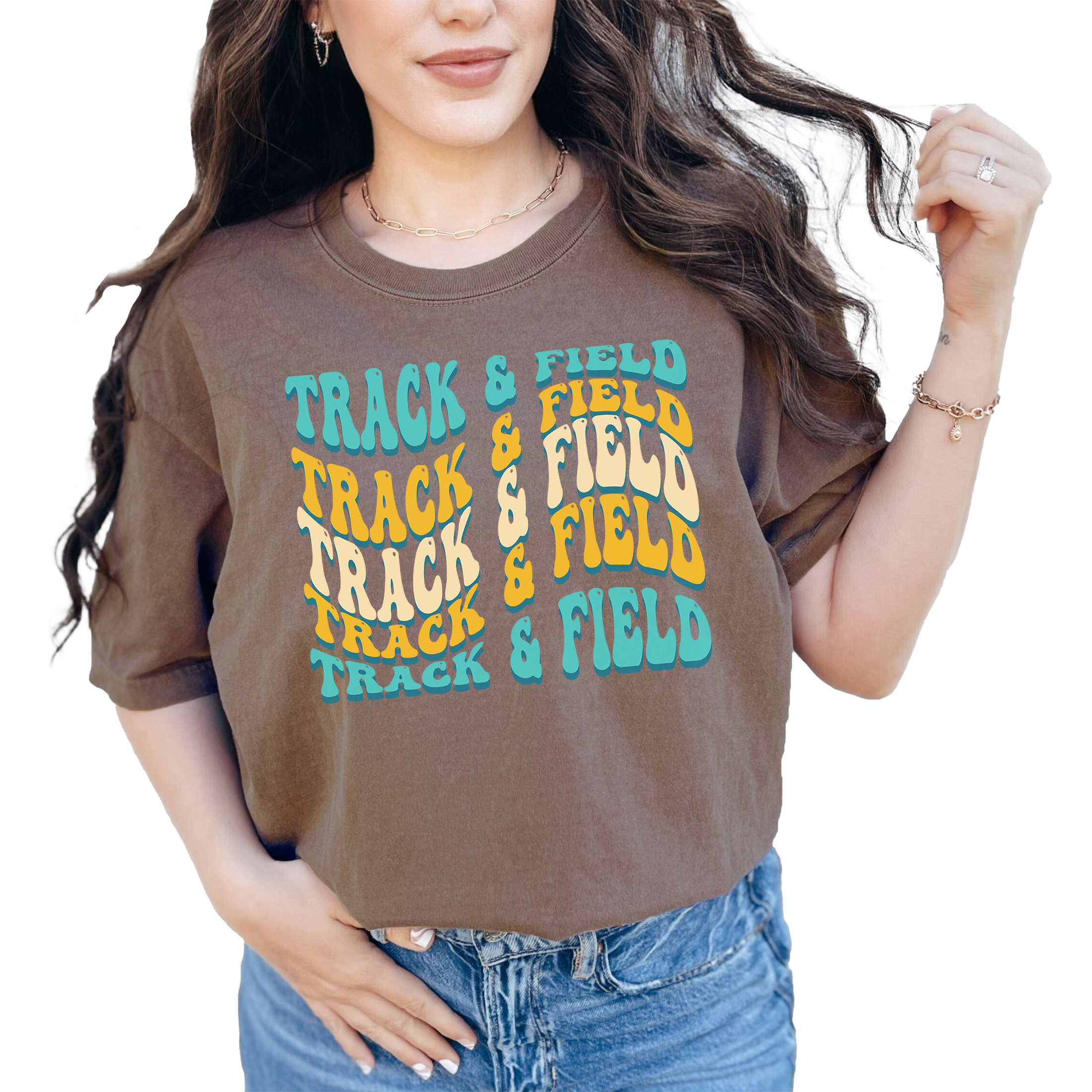 Track & Field, Athlete or Sports Themed, Groovy Retro Wavy Text, Espresso Comfort Colors T-Shirt, 3XL