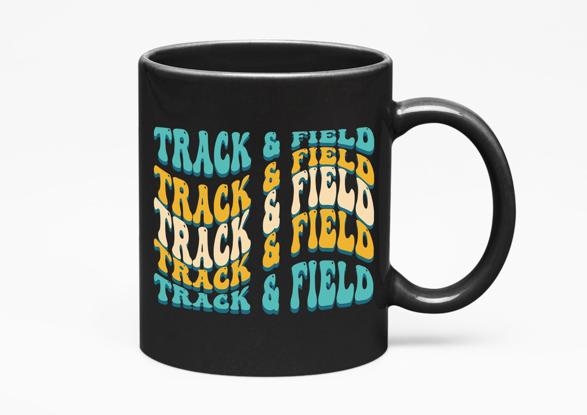 Track & Field, Athlete or Sports Themed, Groovy Retro Wavy Text Merch Gift, Black 11oz Ceramic Mug