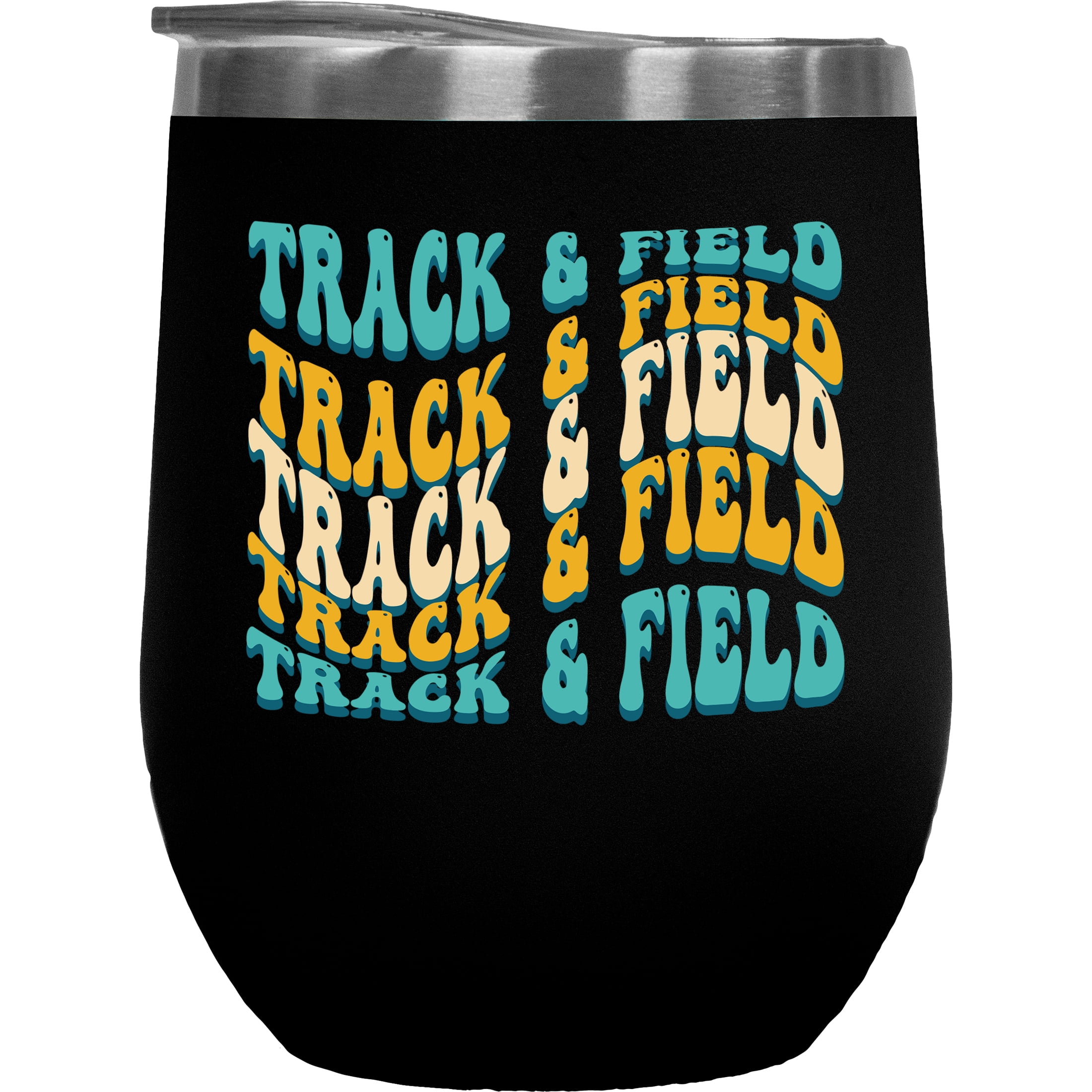 Track & Field, Athlete or Sports Themed, Groovy Retro Wavy Text Merch Gift, Black 12oz Wine Tumbler
