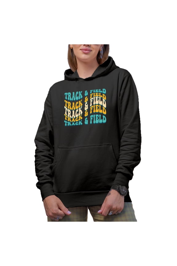 Track & Field, Athlete or Sports Themed, Groovy Retro Wavy Text Merch Gift, Black Hooded Sweatshirt or Hoodie, Medium