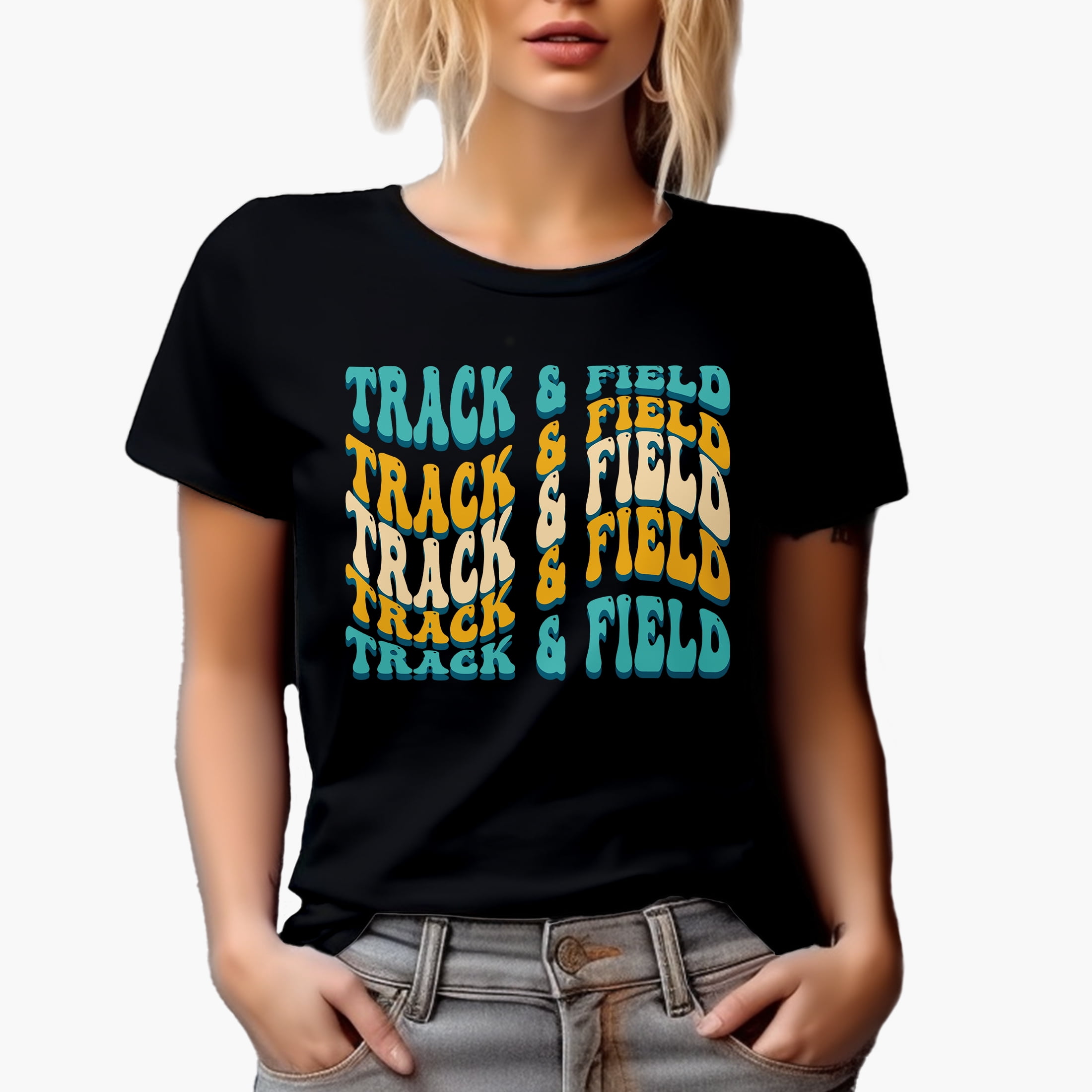 Track & Field, Athlete or Sports Themed, Groovy Retro Wavy Text Merch Gift, Black T-Shirt, 3XL