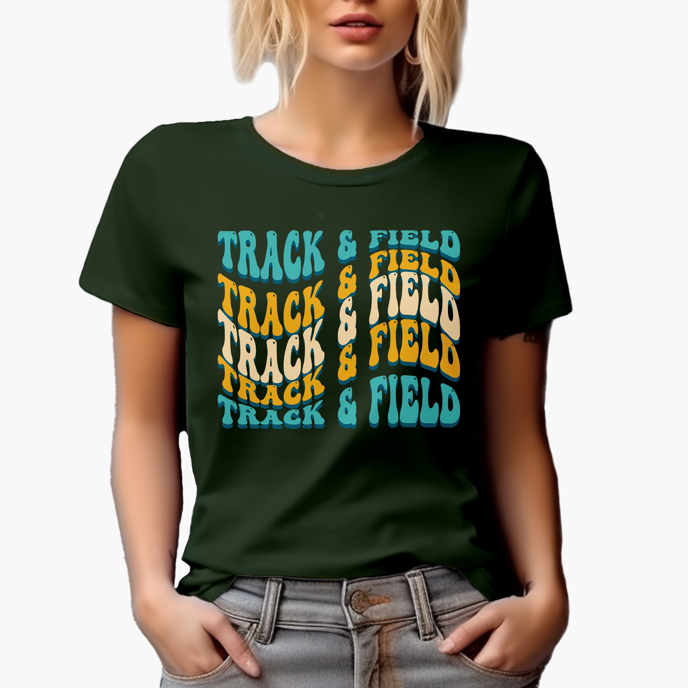 Track & Field, Athlete or Sports Themed, Groovy Retro Wavy Text Merch Gift, Military Green T-Shirt, XL