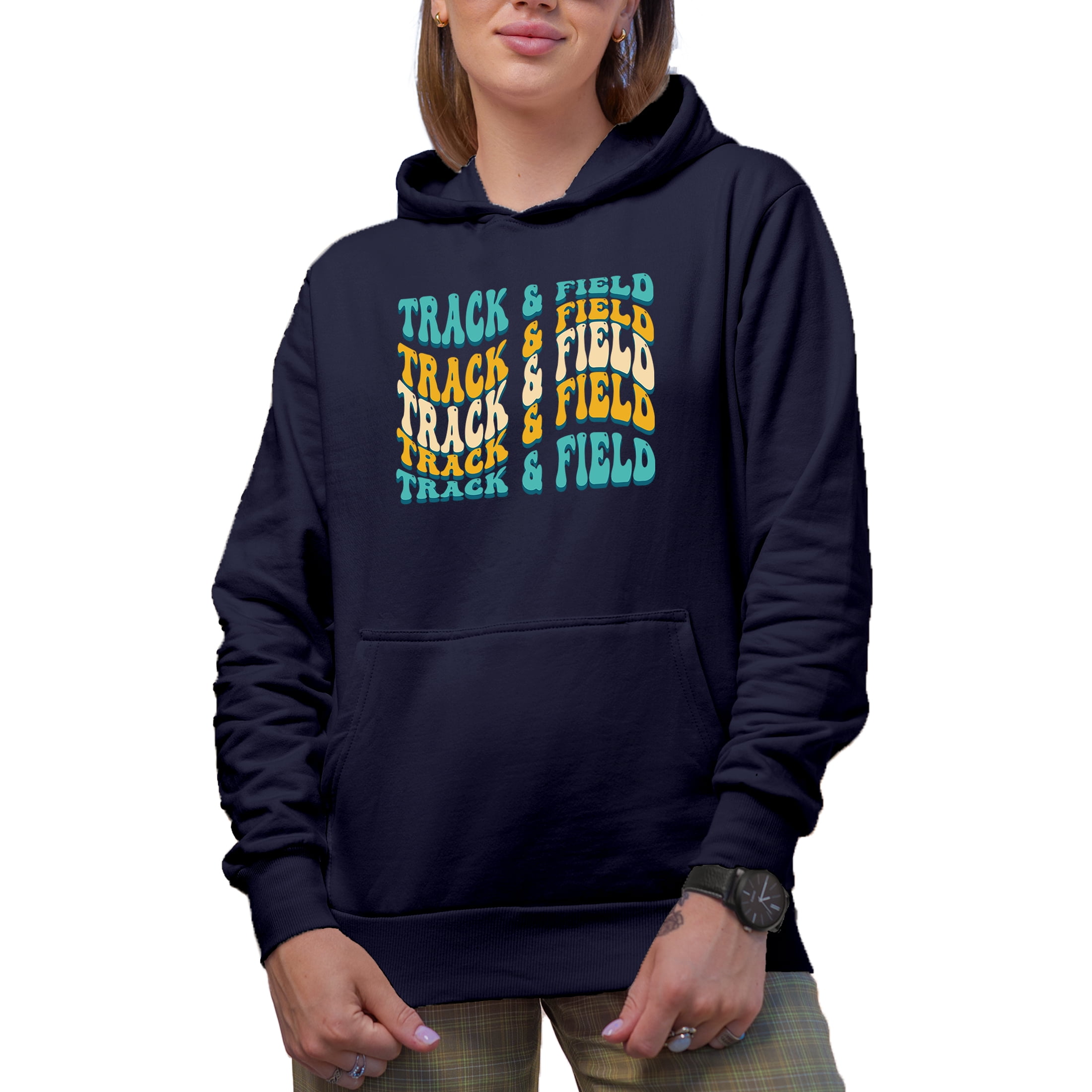 Track & Field, Athlete or Sports Themed, Groovy Retro Wavy Text Merch Gift, Navy Blue Hooded Sweatshirt or Hoodie, Small