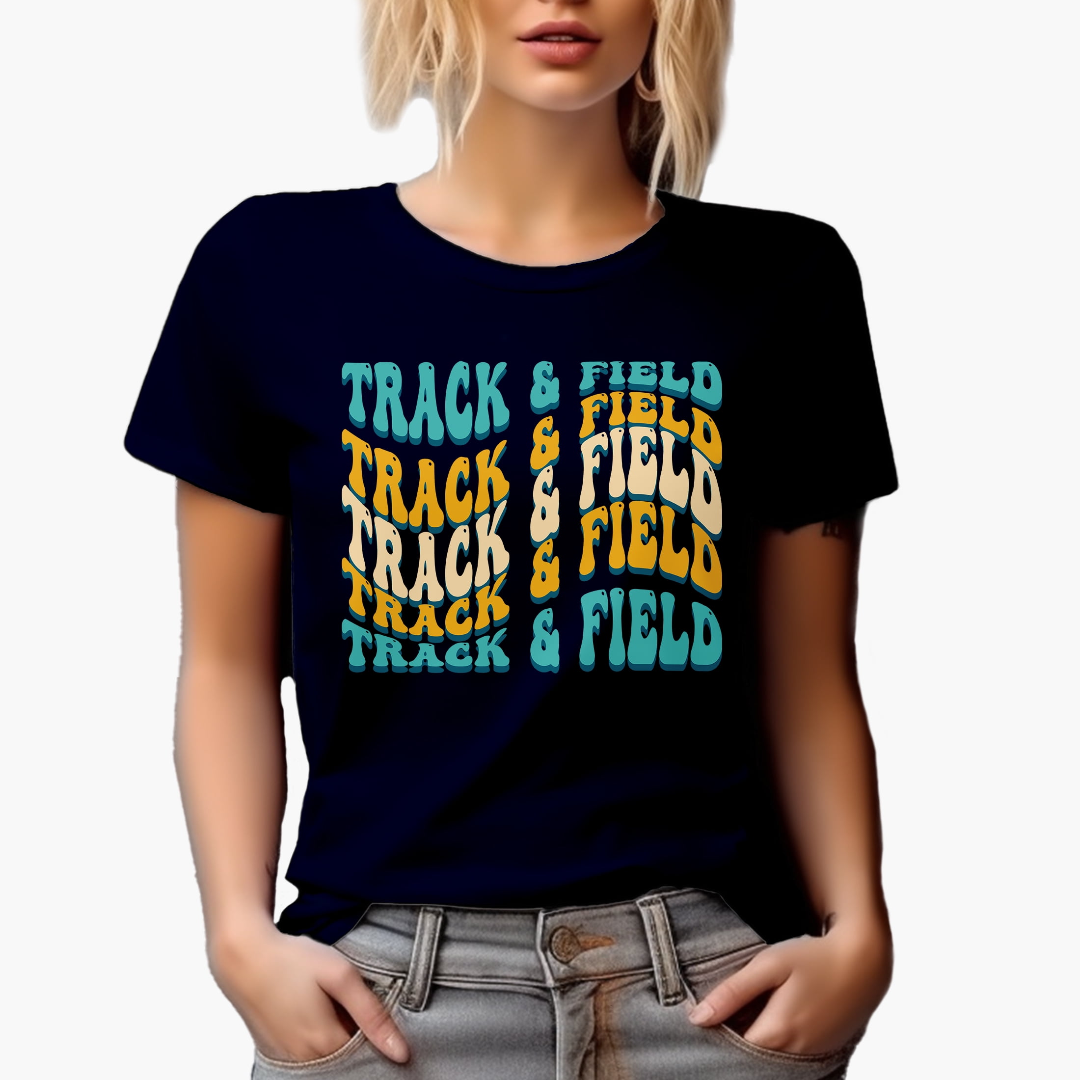 Track & Field, Athlete or Sports Themed, Groovy Retro Wavy Text Merch Gift, Navy Blue T-Shirt, Small