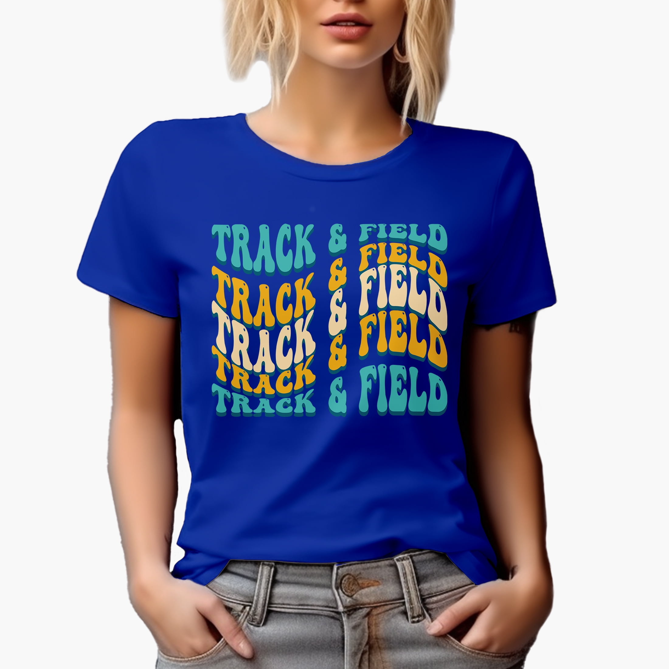 Track & Field, Athlete or Sports Themed, Groovy Retro Wavy Text Merch Gift, Royal Blue T-Shirt, Small