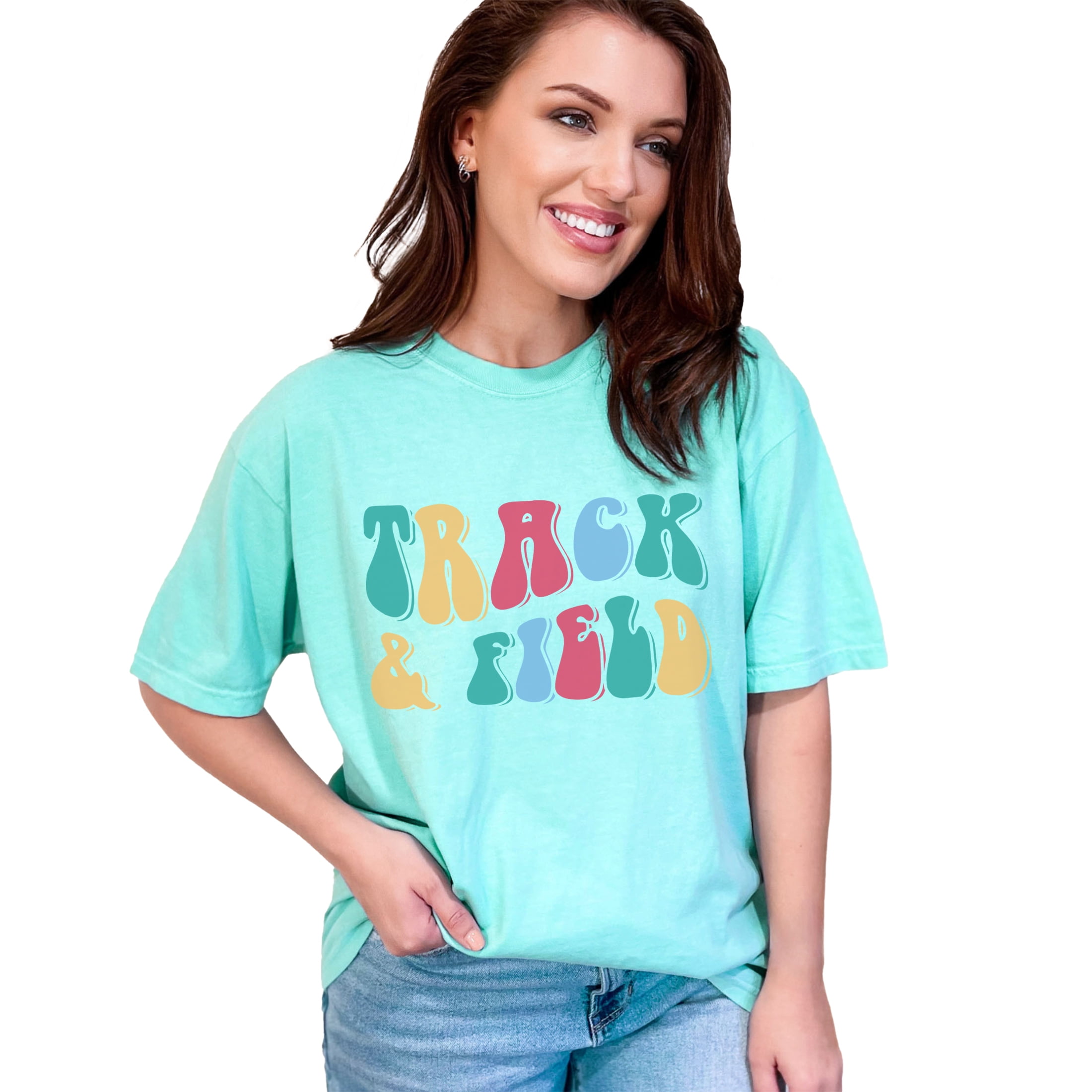 Track & Field, Running, Jumping & Throwing Sports Themed, Groovy Retro Wavy Text, Chalky Mint Comfort Colors T-Shirt, 2XL