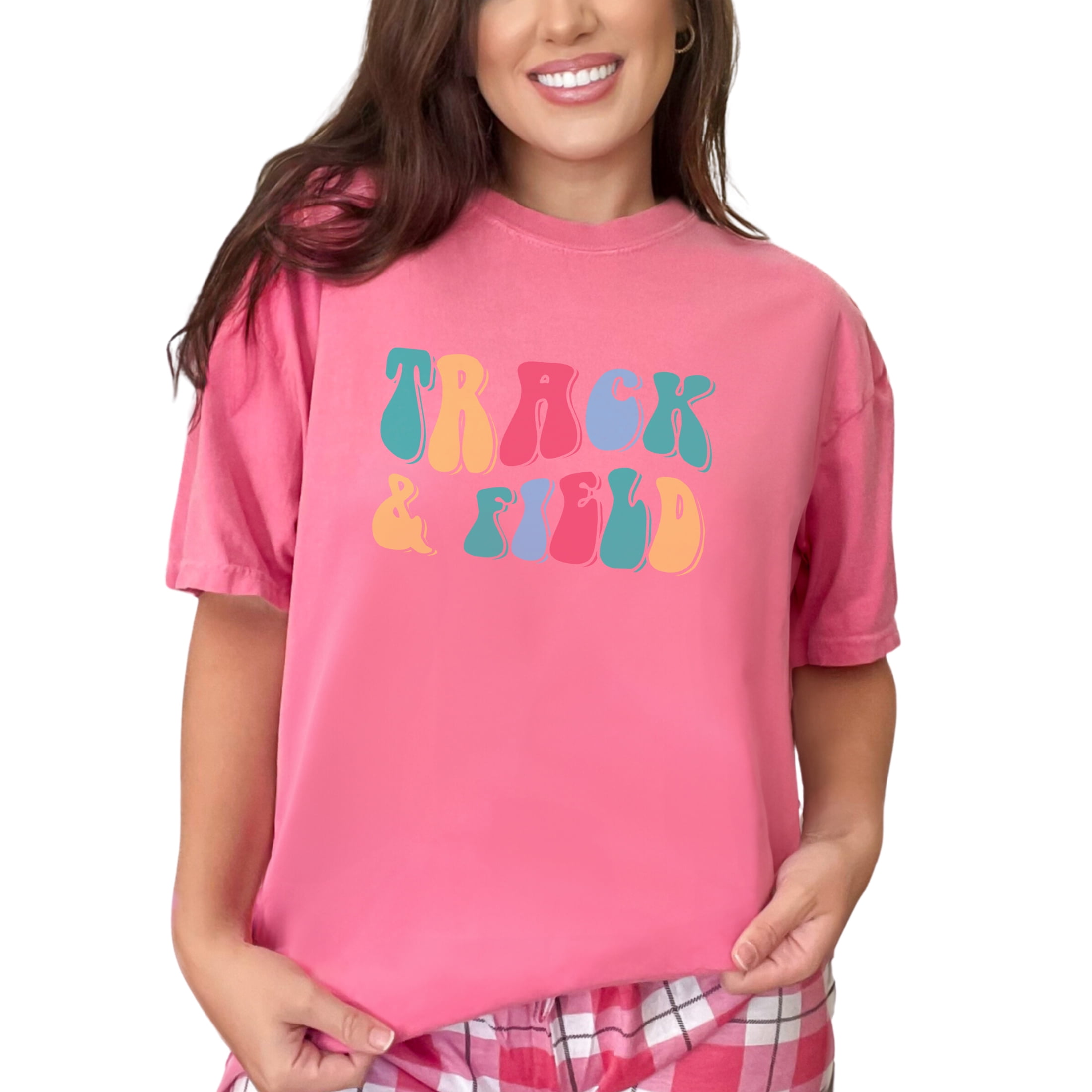 Track & Field, Running, Jumping & Throwing Sports Themed, Groovy Retro Wavy Text, Crunchberry Comfort Colors T-Shirt, XL