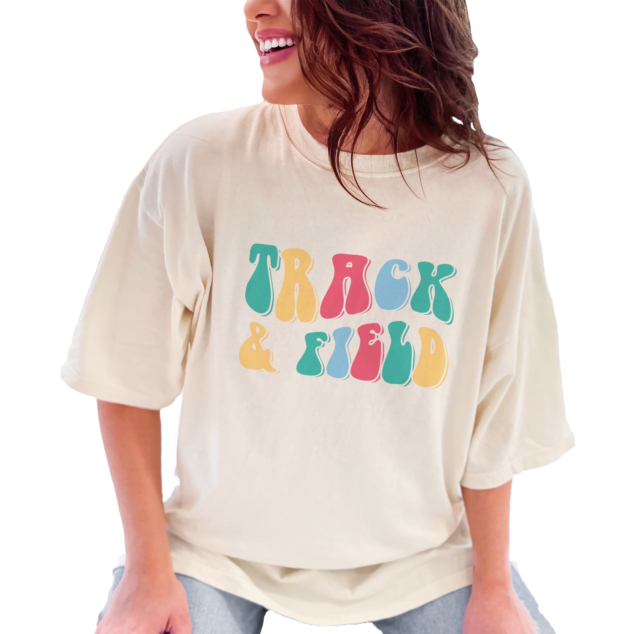 Track & Field, Running, Jumping & Throwing Sports Themed, Groovy Retro Wavy Text, Ivory Comfort Colors T-Shirt, 2XL